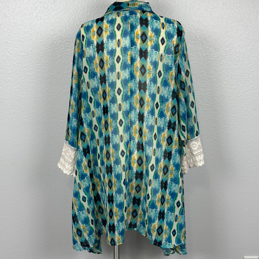 J Lee Blue Southwestern Aztec Print Kimono‎ Cardigan Lace Sleeve Boho XL - Picture 4 of 11
